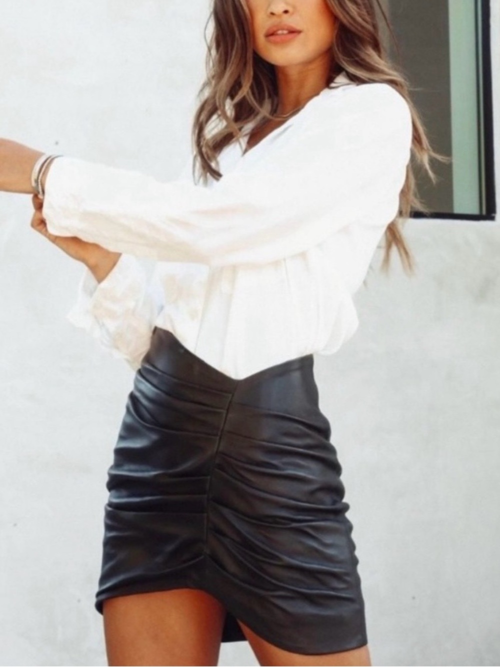 Camila Coelho Black Leather Ruched V-Waist Mini Skirt